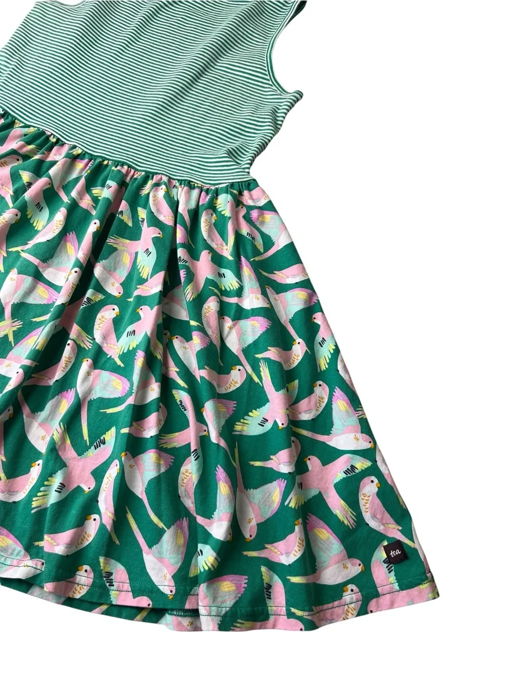 Tea Girls Size 12 Mixed Print Birds/Stripes Green/Pink Sleeveless Skater Dress
